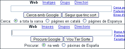 Google en catalán comparado con Google en Gallego