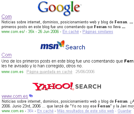 Com en los buscadores Google, Msn Search y Yahoo